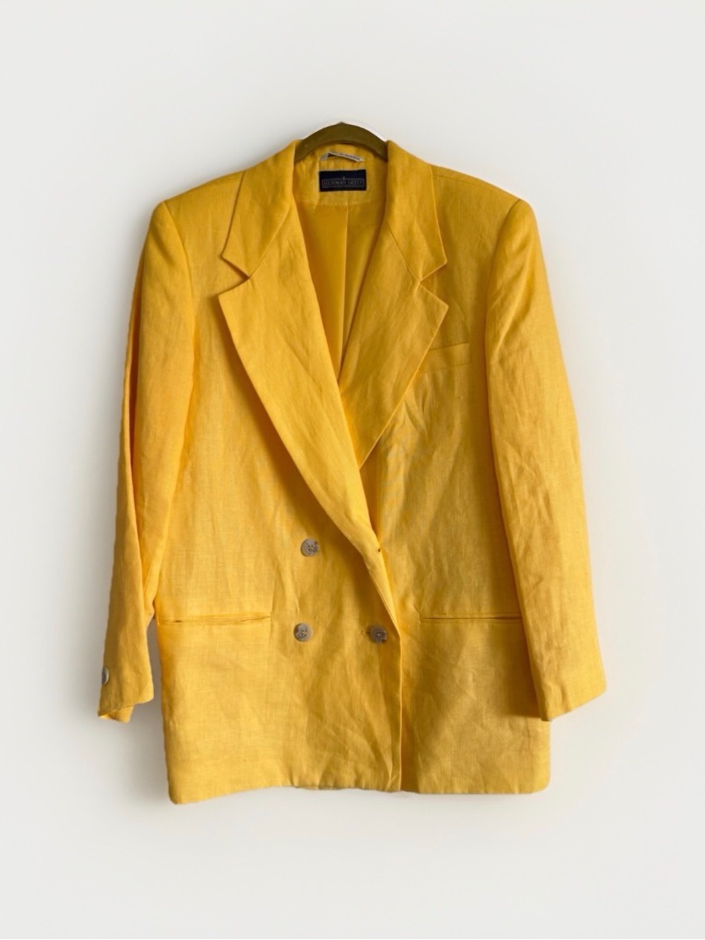 Vintage Yellow Linen Blazer Double Breasted Shoulder Pads Size 12 Herman Geist
